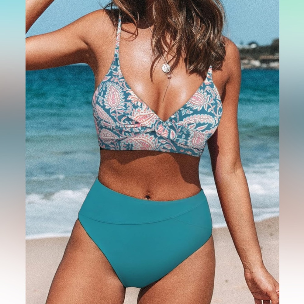 CUPSHE Bikini Two Piece Swimsuit High Waisted V Neck Twist Front Bathing Suit